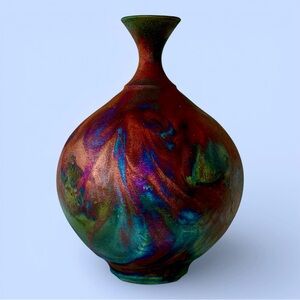 Raku Vase Stunning Iridescent Colors 10-1/2” Tall Artist Signed & Numbered